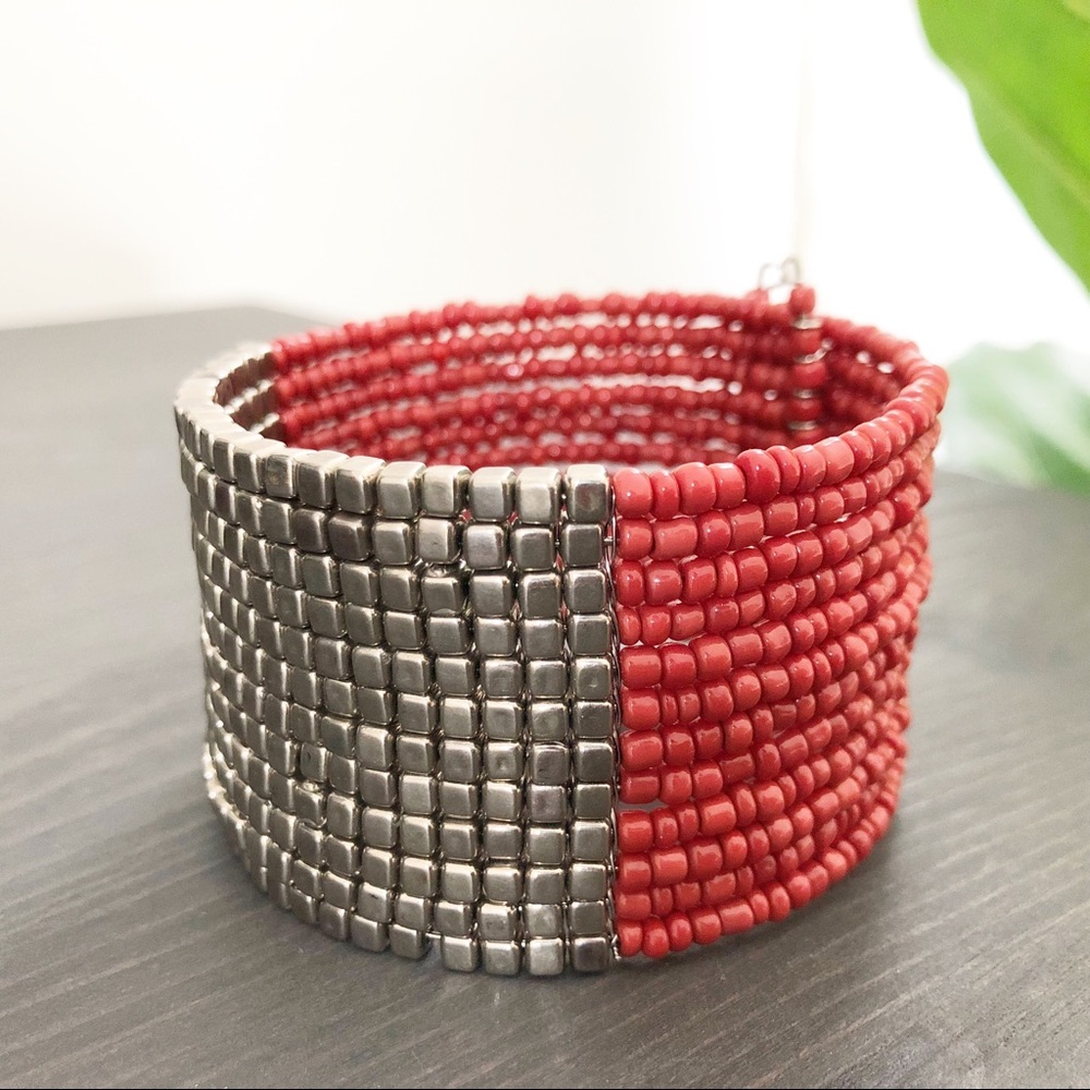 Pink and Silver Beaded Cuff Bracelet
